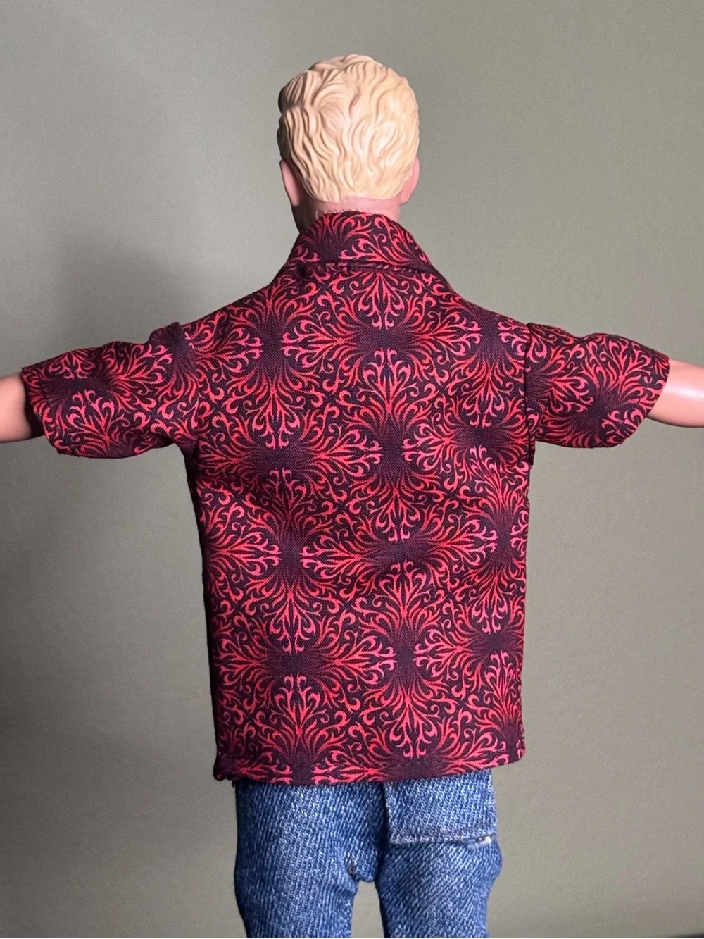 Crimson damask swirl print doll shirt lined in black